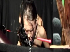 Blonde slave in lingerie tied up and dominated by dominant mistress