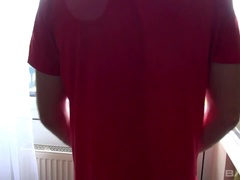 tatted MILF gets her pussy stuffed from behind as she stands by a window
