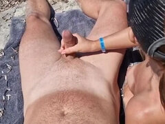 Stepdaughter gives stepdad a deep throat blowjob on nude beach in Greece - public cumshot