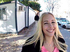 Blonde bombshell with huge tits blows and fucks on train before getting pounded outdoors