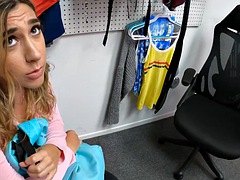 Cute curly babe caught shoplifting and punished by security officer in the back room