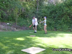 Sporty blonde loves baseball and dick after training