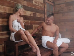 Sex In The Sauna - wet oiled up busty blonde Jessa Rhodes fucked in SPA by Xander Corvus