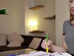 Naughty school slut Kira gets spanked and fucked by her tutor