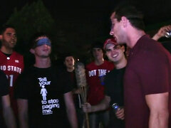 Blindfolded amateur waits outdoor for fraternity cum
