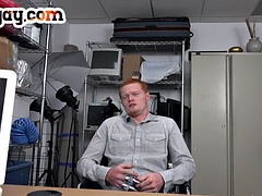 White bottomed redhead bareback in office with BBC