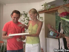 Blonde girlfriend of son's girlfriend gives a wild outdoor BJ and rides old dude's big dick