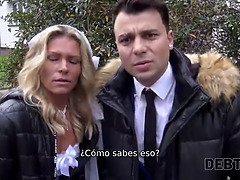 Watch this hot MILF cheat on her hubby for some cash while getting pounded doggystyle in front of him