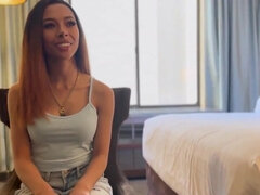 Petite Asian whore bounces on a mature cock in a hotel room