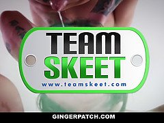 Eva Berger's petite tits get filled with cum by a hung ginger guy outside