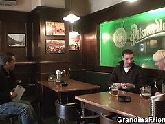 Two dudes pick up big tits blonde grandma