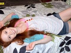 A young redhead teen Dolly Little likes playing with her shaved pussy