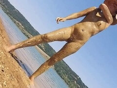 Plage, Béant, Masturbation, De plein air, Petite femme, Chatte, Nénés, Voyeur