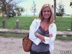 Anabelle Pync, the blonde with huge natural breasts, gets a creampie in an outdoor scene on BangBus