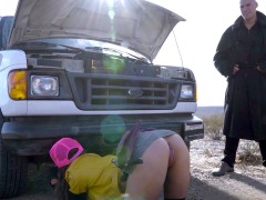 Big tits, Boots, Car, Milf, Mom, Outdoor, Stockings, Uniform