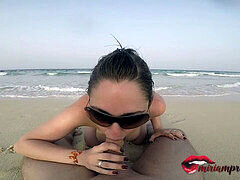 Inexperienced young couple gets wild on public beach, ends with creampie - starring Miriam Prado
