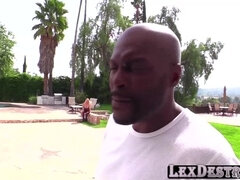 Big boobs blonde babe Lexi Lowe teasing outdoor and walks towards Legendary stud Lexington, she deepthroats his black cock on the couch. The black stu