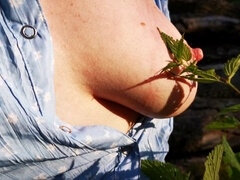 Natural breasts and intense stinging torment in a public setting