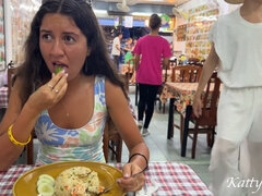 Katty West enjoys a pantyless lunch at an Asian cafe, giving a naughty glimpse of her wet gash in public