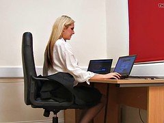 Blonde, Lingerie, Office, Strip