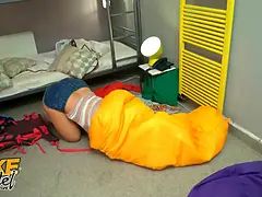 Faux hostel - stuck in a sleeping bag, threesome, Big Tits