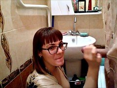 Amateur, Bathroom, Blowjob, Cumshot, Swallow