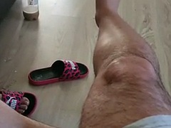 Stepmom without panties on the new couch shows her shaved pussy to her stepson