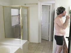Stepmom seduces stepson in the bathroom for doggy styel