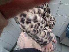 Hot German teen slut deepthroats cock in public toilet - cumshot facial