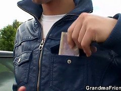 Two dudes pick up hot grandma and screw outside
