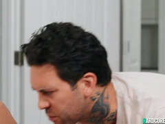 Tattooed guy lick and pound big bust babe