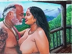 Sensual artistic depiction of stunning Indian beauty on honeymoon with father-in-law at tropical spot