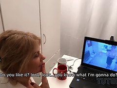 Guy fucks classy mature tutor in room full