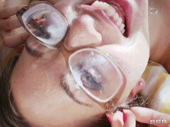 Riley Reid jerks his enormous dick until it blows hot sticky cum on glasses