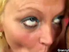 Blonde spreads her hairy old pussy for him