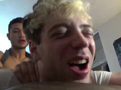 Dude with bleached hair is banged by a couple of pervs