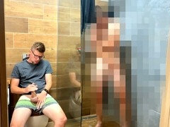 Steamy handjob session in the bathroom with legs that go on for days