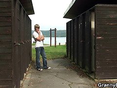 Busty old granny gets nailed on public