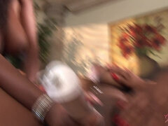 Appetizing black lesbians threesome sex