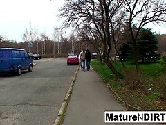 Chesty dark haired grandma fucks on the floor