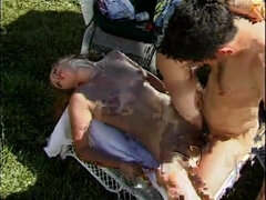 Pretty babe with red hair was penetrated in the chaise longue