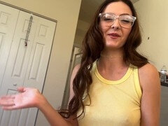 Glasses-wearing teen with big natural boobs bounces her tits in missionary pov