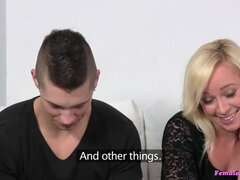 Nervous Boyfriend Watches As Hot Blonde Agent Makes His Girlfriend Cum