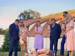 A man in a dog mask is fucking the bride while outside