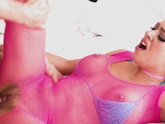 Cock-hungry slut in pink bodystocking is finally fucked in twat