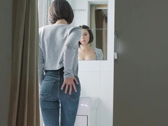 茶髪の, 女, オナニー, オーガズム, パンティ, ショートヘア, おもらし, ヒモパン