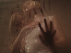 Busty blonde takes shower and girlfriend joins to have sex