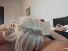 Blonde Bambi Barton rides hard cock with her trimmed pussy