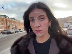Stunning beauty gets a stranger's cum on her face in public, for a big reward - Cum Public Walk