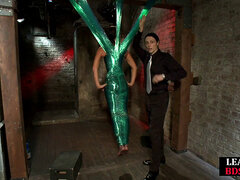 Tied-up BDSM slut fingered by master